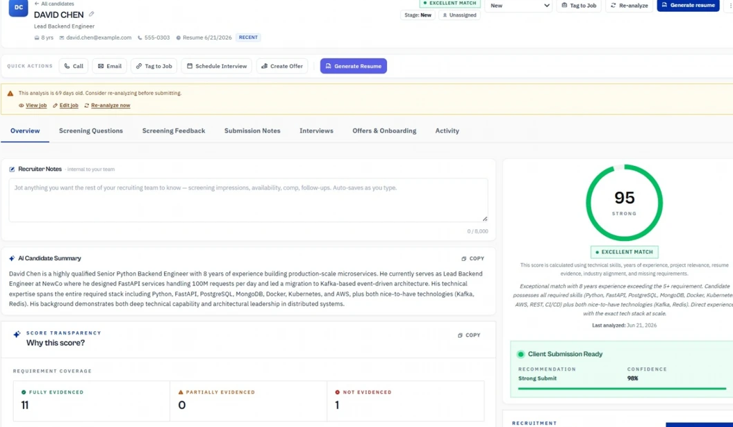 Avric.ai Candidate Intelligence assessment for candidate David Chen: 95 Excellent Match score, AI candidate summary and score transparency with requirement coverage.