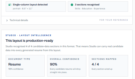 Avric.ai Resume Studio — What We Detected and Layout Intelligence: single-column layout detected, 3 sections recognised, document type, sections mapped.