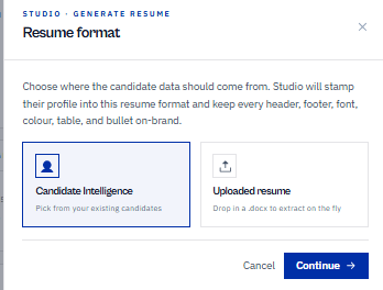 Avric.ai Resume Studio — Generate Resume modal: choose Candidate Intelligence or an uploaded resume as the candidate data source