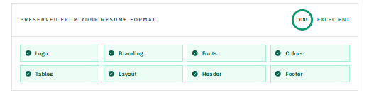 Avric.ai Resume Studio — preserved from your resume format: Logo, Branding, Fonts, Colors, Tables, Layout, Header and Footer indicators with a 100 Excellent preservation score.