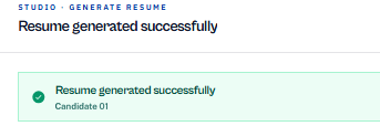 Avric.ai Resume Studio — resume generated successfully for Candidate 01 with a 100 Excellent preservation score, preserved format indicators and DOCX actions.