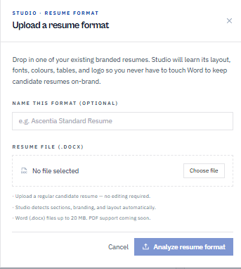 Avric.ai Resume Studio — Upload a resume format modal: optional format name, DOCX file picker and Analyze resume format action.