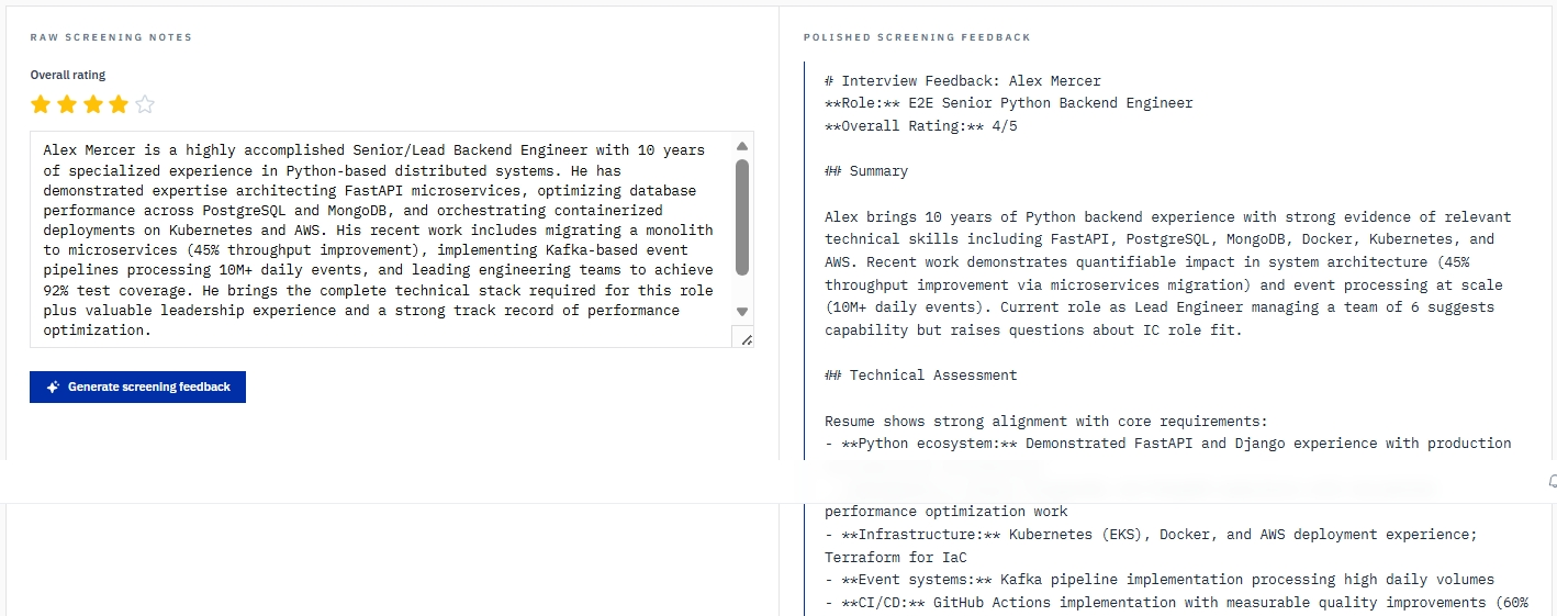 Avric.ai Screening Feedback — raw screening notes with an overall rating are generated into a polished, structured candidate feedback document for Alex Mercer