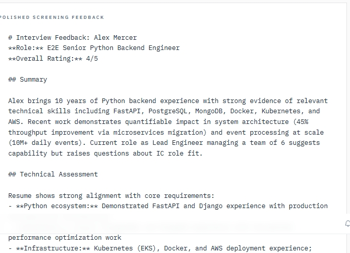 Avric.ai polished screening feedback document for Alex Mercer — summary, technical assessment, strengths, areas of concern and recommendation