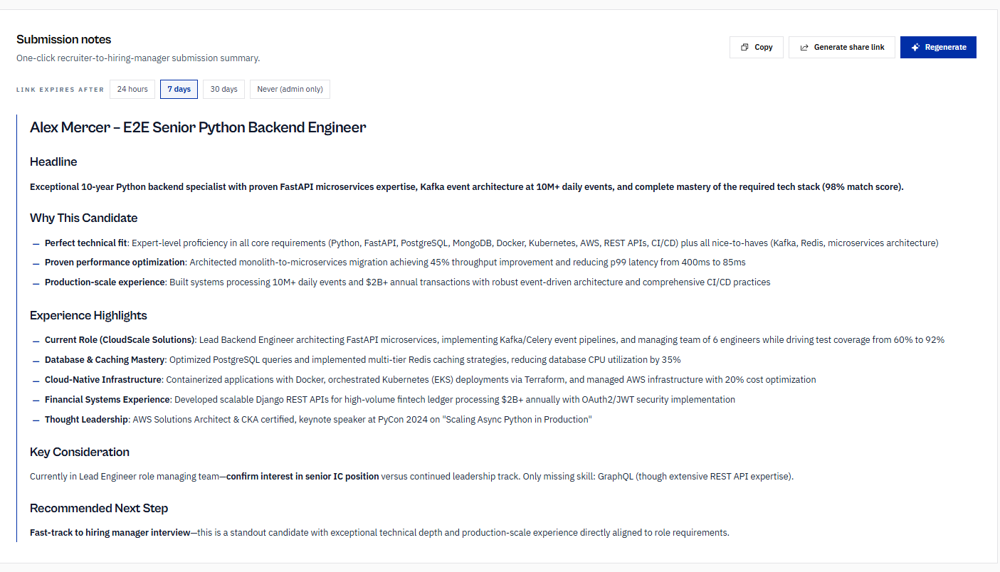 Avric.ai Submission Notes — one-click recruiter-to-hiring-manager submission summary for Alex Mercer with headline, why this candidate, experience highlights, key consideration and recommended next step