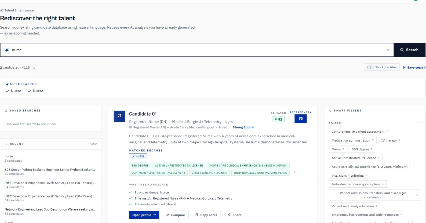 Avric.ai Talent Rediscovery searching Nurse roles — Candidate 01 result with AI Match 92 and Rediscovery 76 scores, matched-because skills, and recent searches across other roles