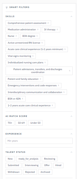 Avric.ai Talent Rediscovery smart filters — skills, AI Match Score buckets, experience and talent status filters