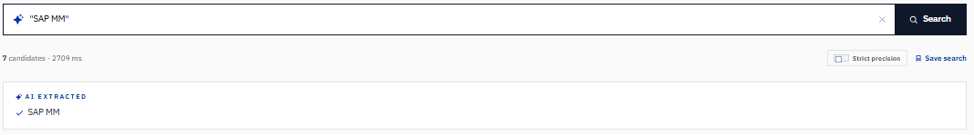 Avric.ai Talent Rediscovery — authentic search for SAP MM with the AI Extracted panel showing the interpreted SAP MM term